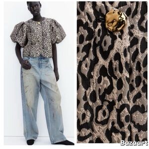 H&M BALLOON-SLEEVED beige/leopard print BLOUSE
